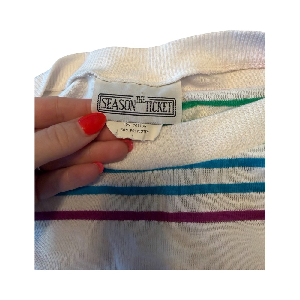 Vintage The Season Ticket Rainbow Stripe Short Sleeve Knit Top White Large USA - Picture 2 of 4